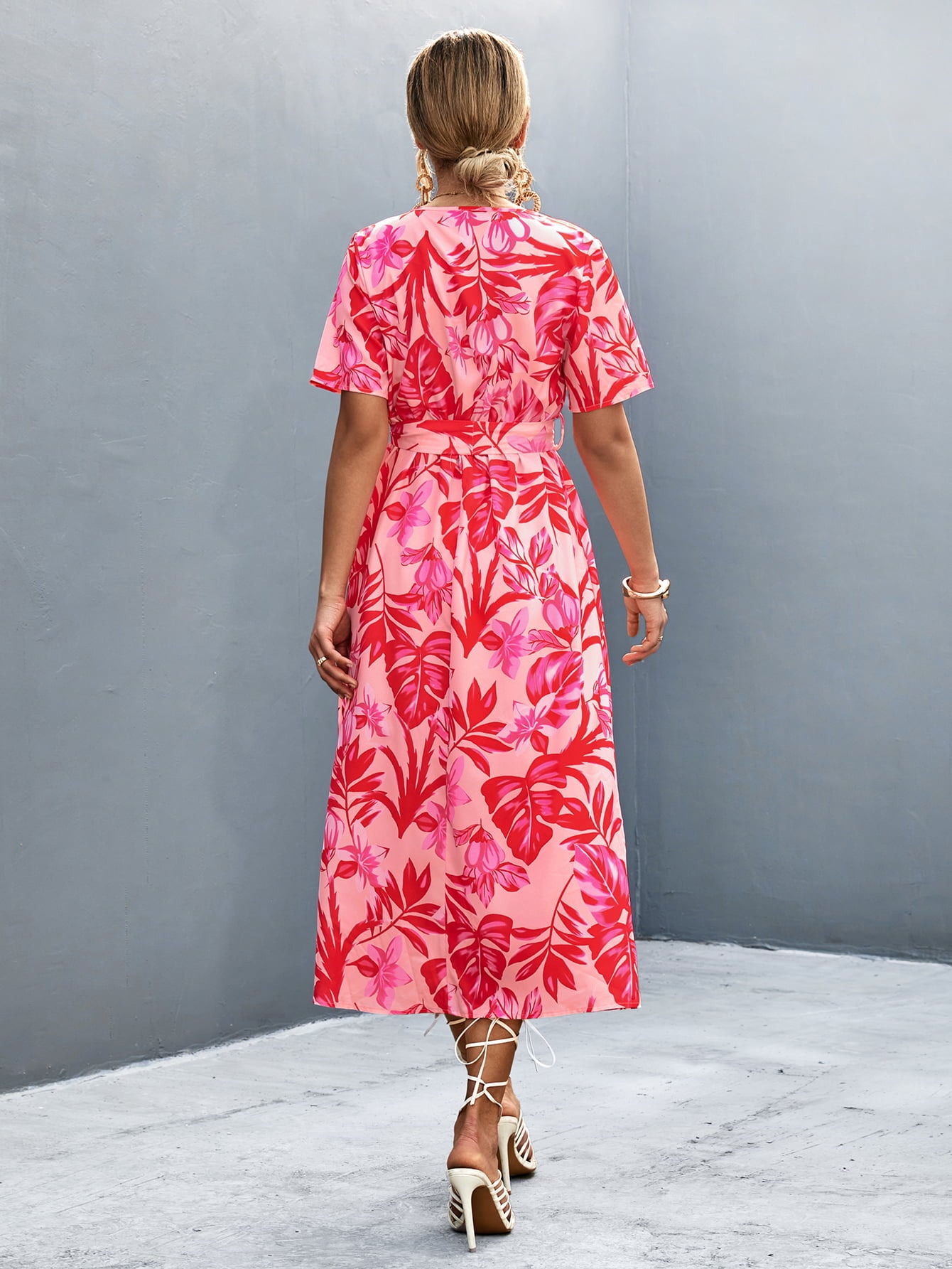 Summer Beach Floral Midi Dress for Women - Surplice Neck, High Slit, Tie Waist - Ideal Wedding Guest Attire