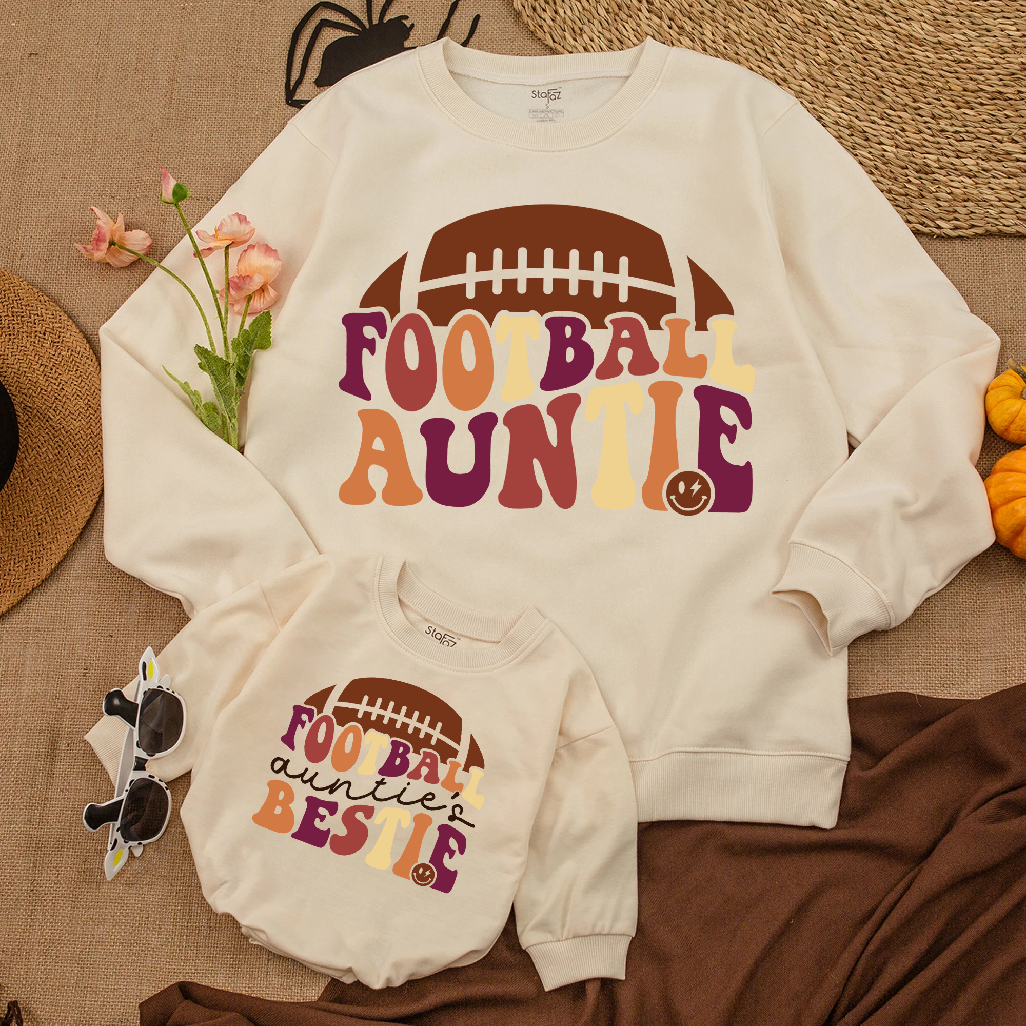 Auntie And Auntie's Bestie Romper Matching: Football Sweatshirt