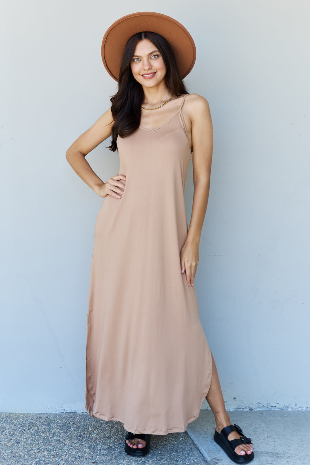 Elegant Camel Maxi Dress with Side Slit - Perfect for Beach Wedding Guests