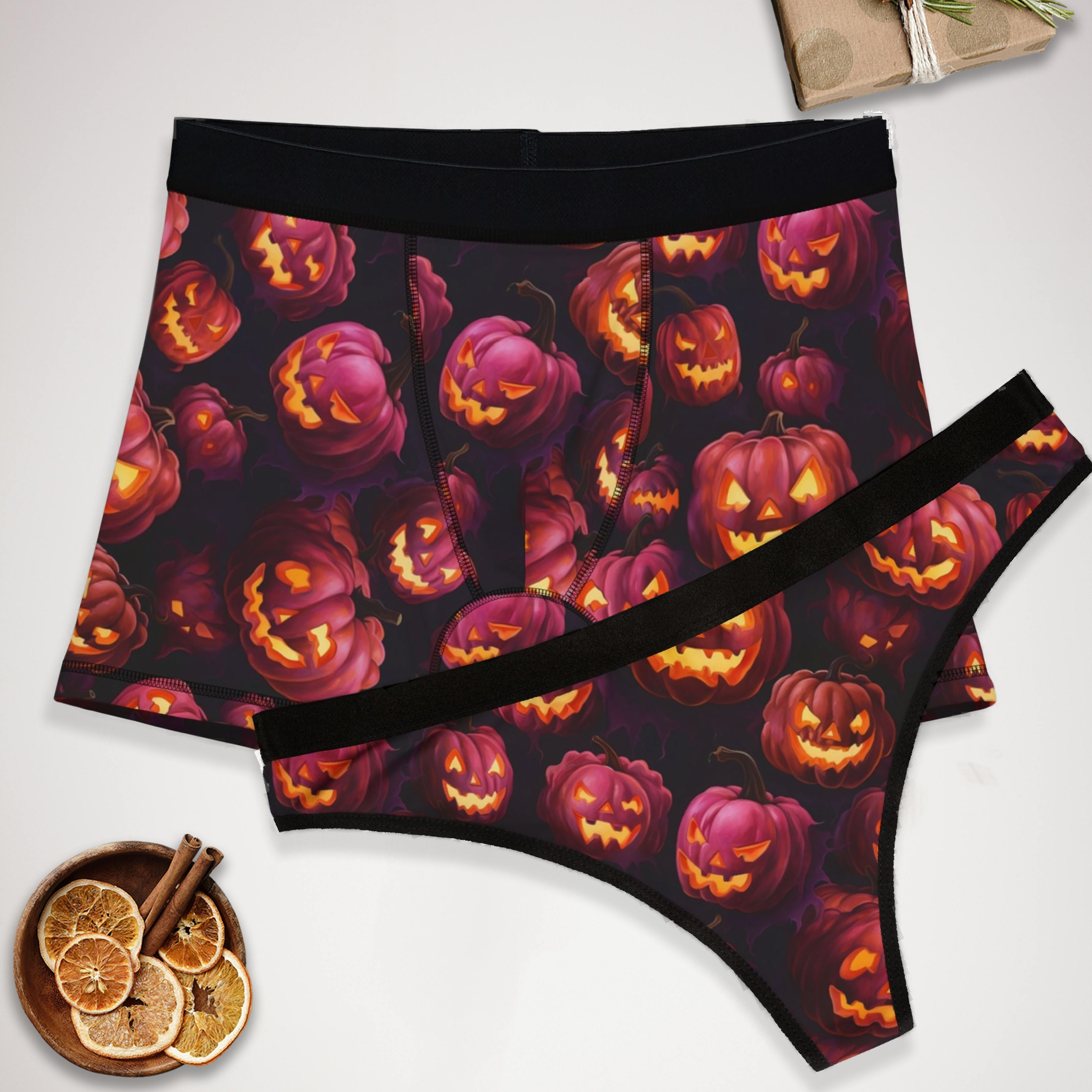 Matching underwear Halloween Pumpkin with Glowing Eyes and Mouths for couples boxer & thong