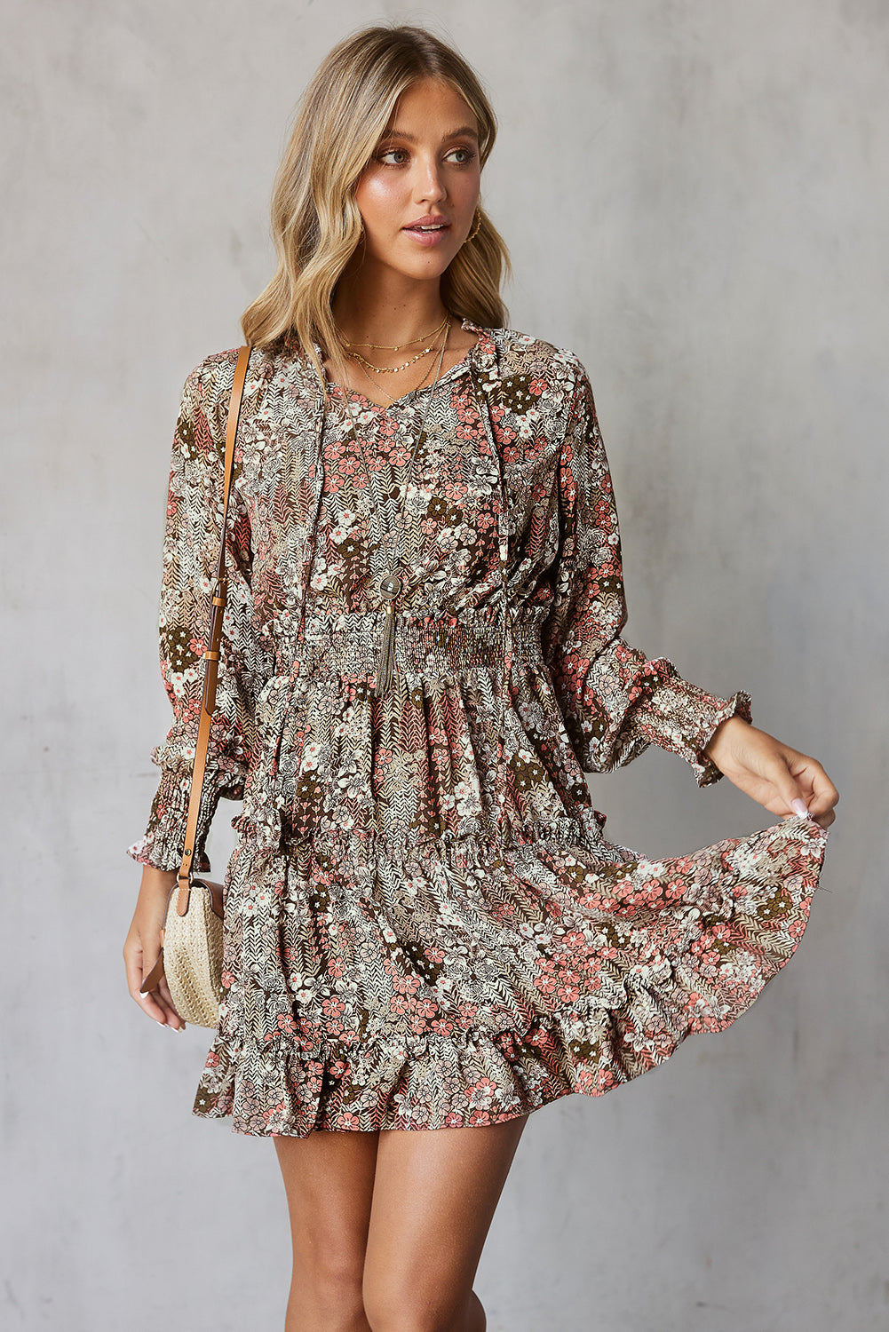 Summer Wedding Ready: Floral Smocked Tie-Neck Dress for Beach Guests and Party-Goers