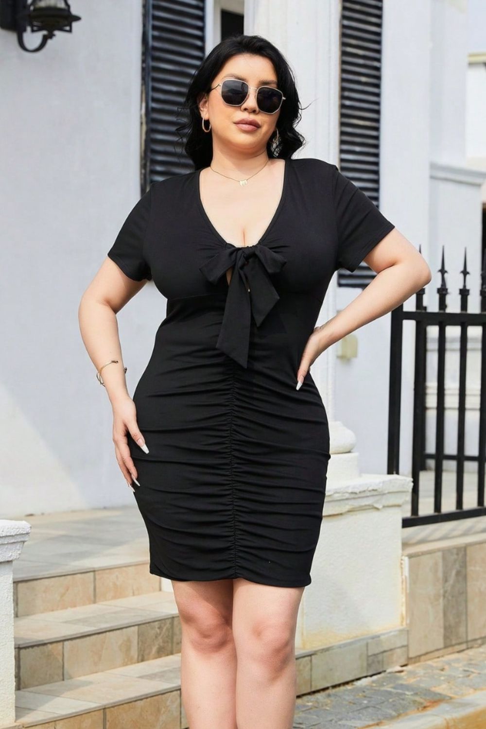 Elegant Plus Size Ruched Tied Short Sleeve Mini Dress – Perfect Beach Wedding Guest Dress for Summer Events