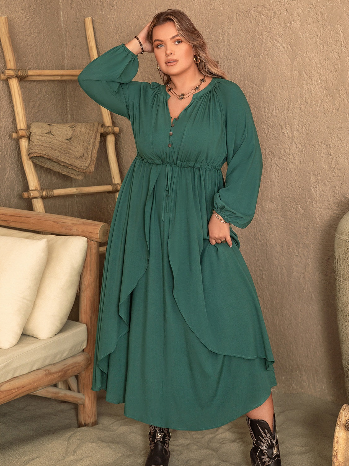 Plus Size Layered Balloon Sleeve Midi Dress for Women Over 50 - Perfect for Summer Beach Wedding Guest Parties