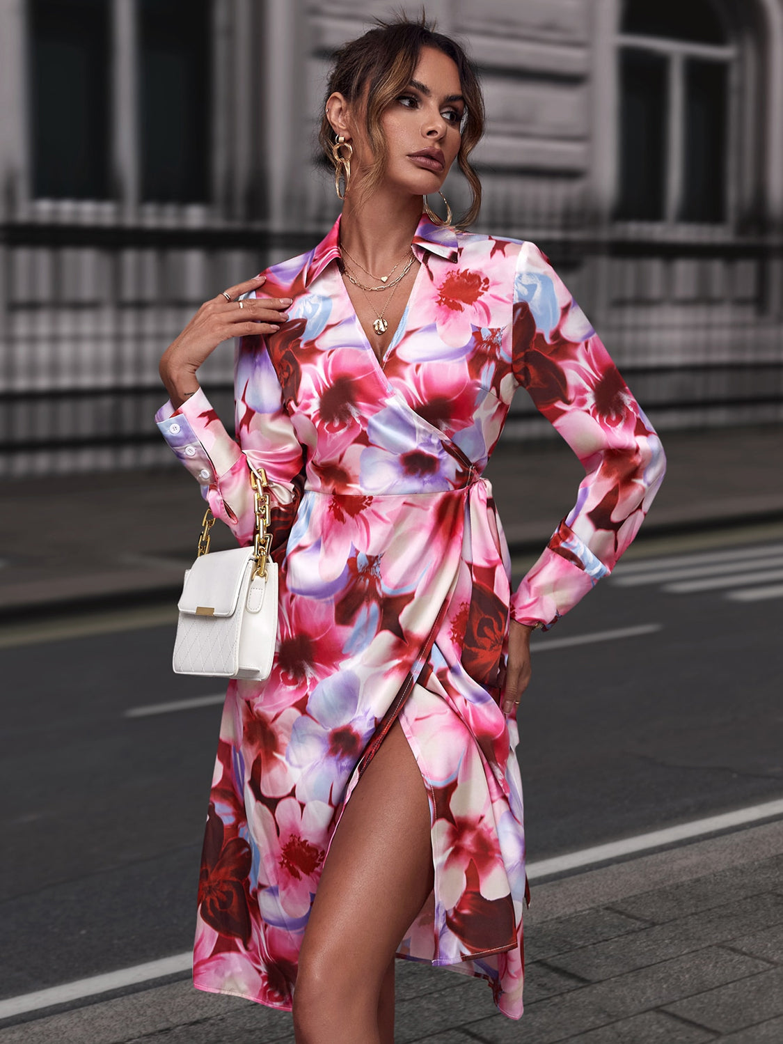 Summer Beach Wedding Guest Dress for Women - Floral Print with Collared Neck and Slit