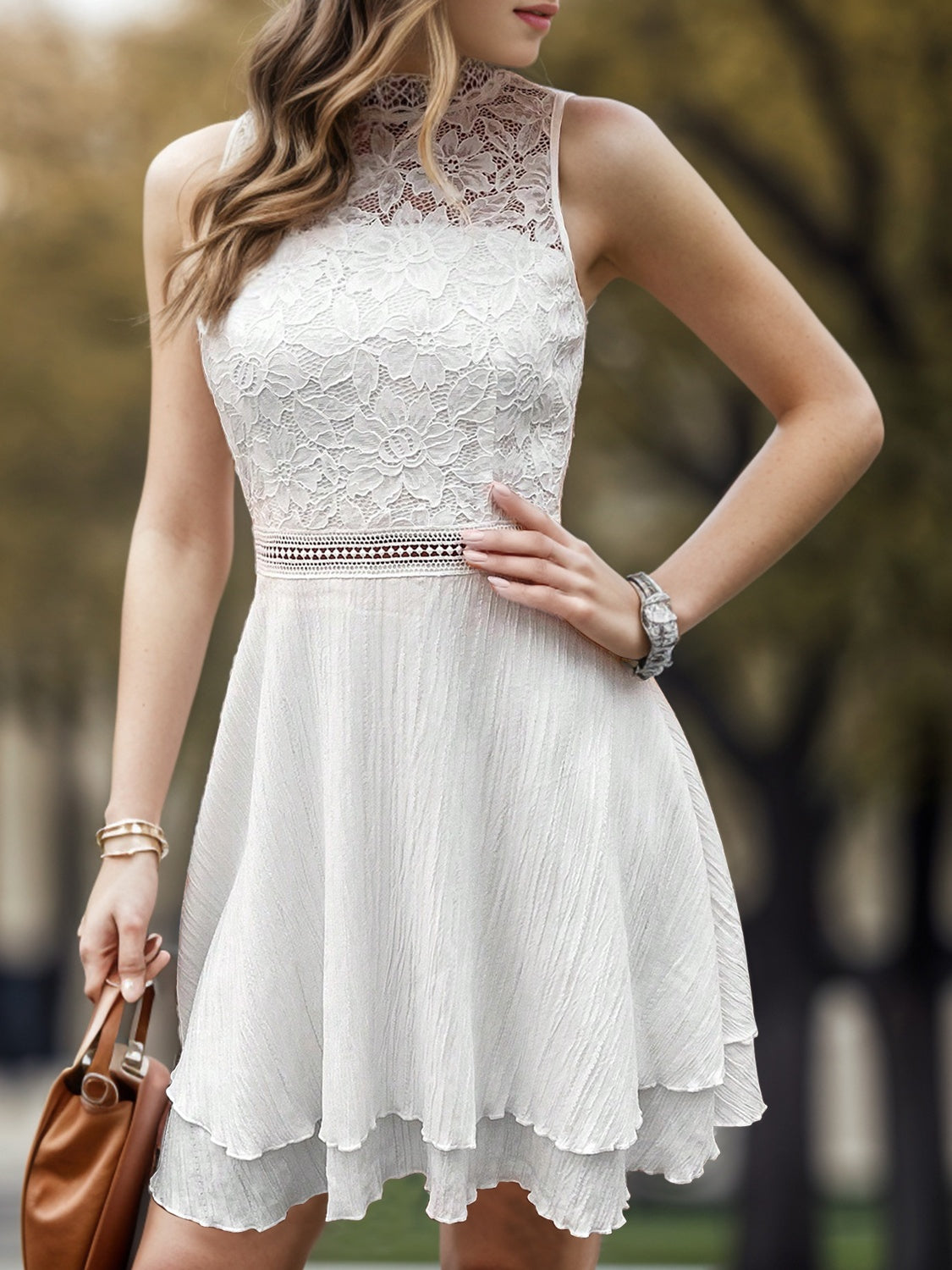 White Graduation Lace Mini Dress with Mock Neck and Sleeveless Detail