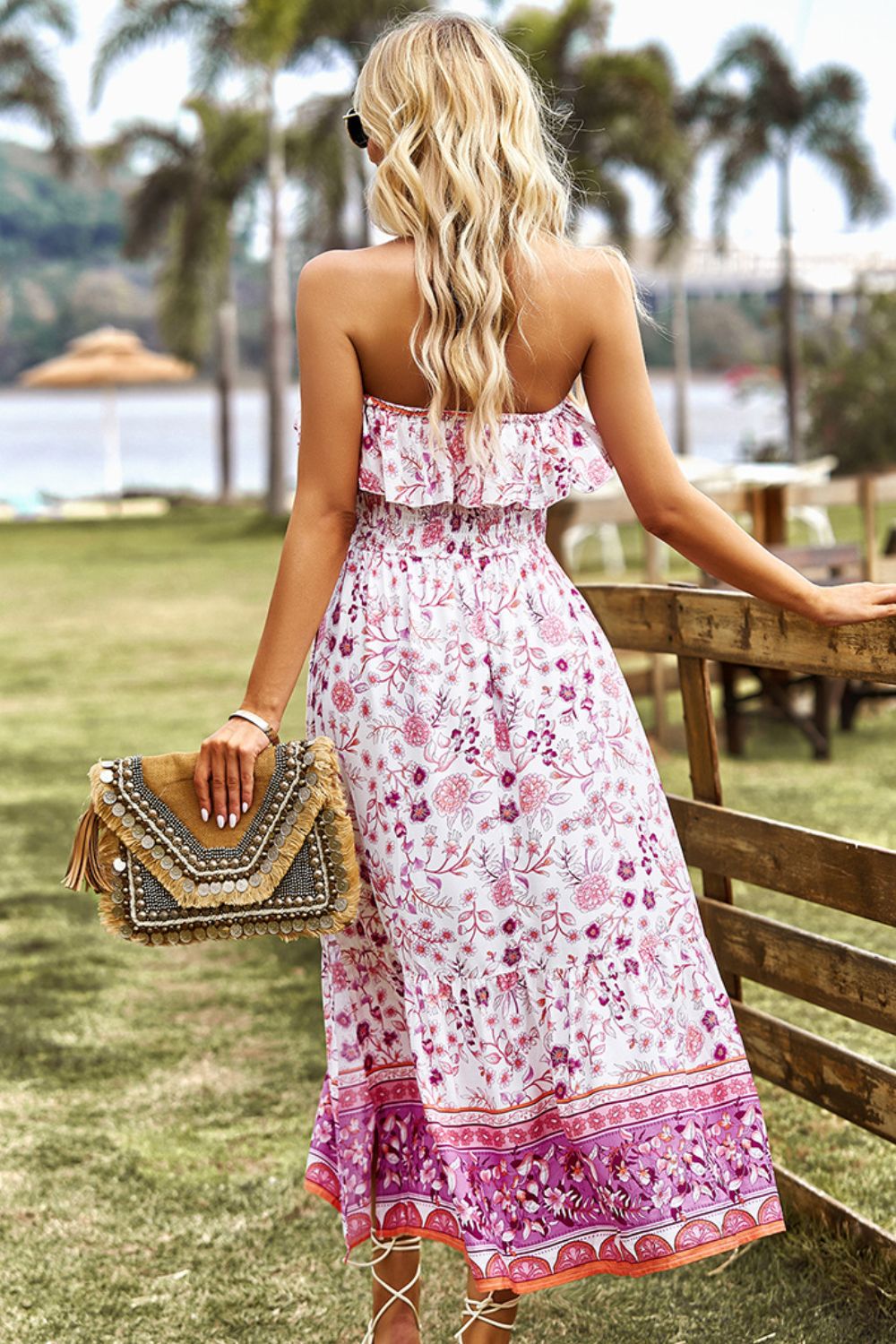 Bohemian Strapless Midi Dress with Slit - Summer Beach Wedding Guest Outfit for Women