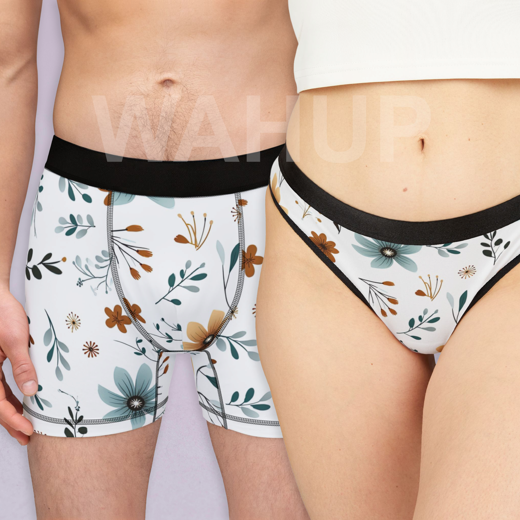 Matching underwear Minimal Boho Flowers for couples boxer & thong set