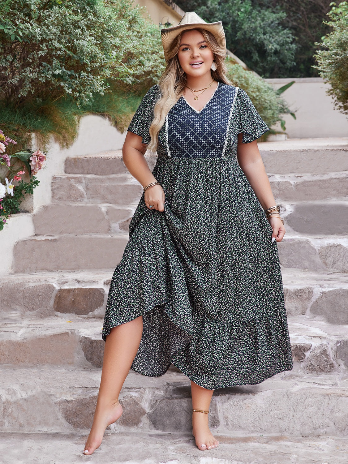 Plus Size Printed V-Neck Midi Dress with Flutter Sleeves - Perfect for Women Over 50 Attending Summer Beach Wedding Parties