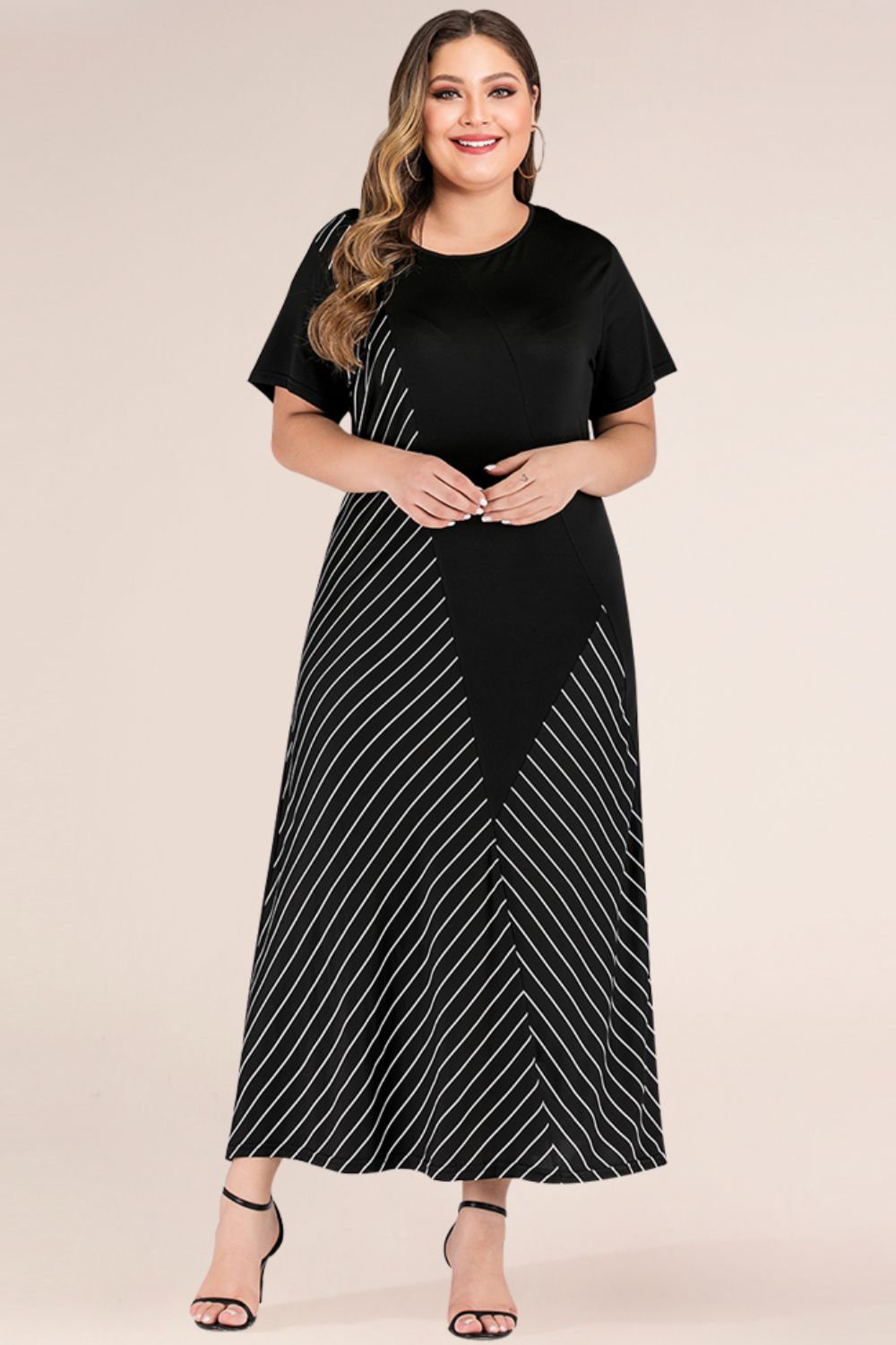 Elegant Plus Size Beach Wedding Guest Dress - Striped Color Block Tee Dress for Casual Summer Events, Flattering Fit for All Occasions