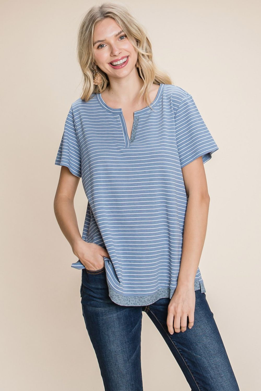 Striped Notched Short Sleeve T-Shirt - Trendy Cotton Bleu Design by Nu Lab, Perfect for Casual Wear with Slit Detailing
