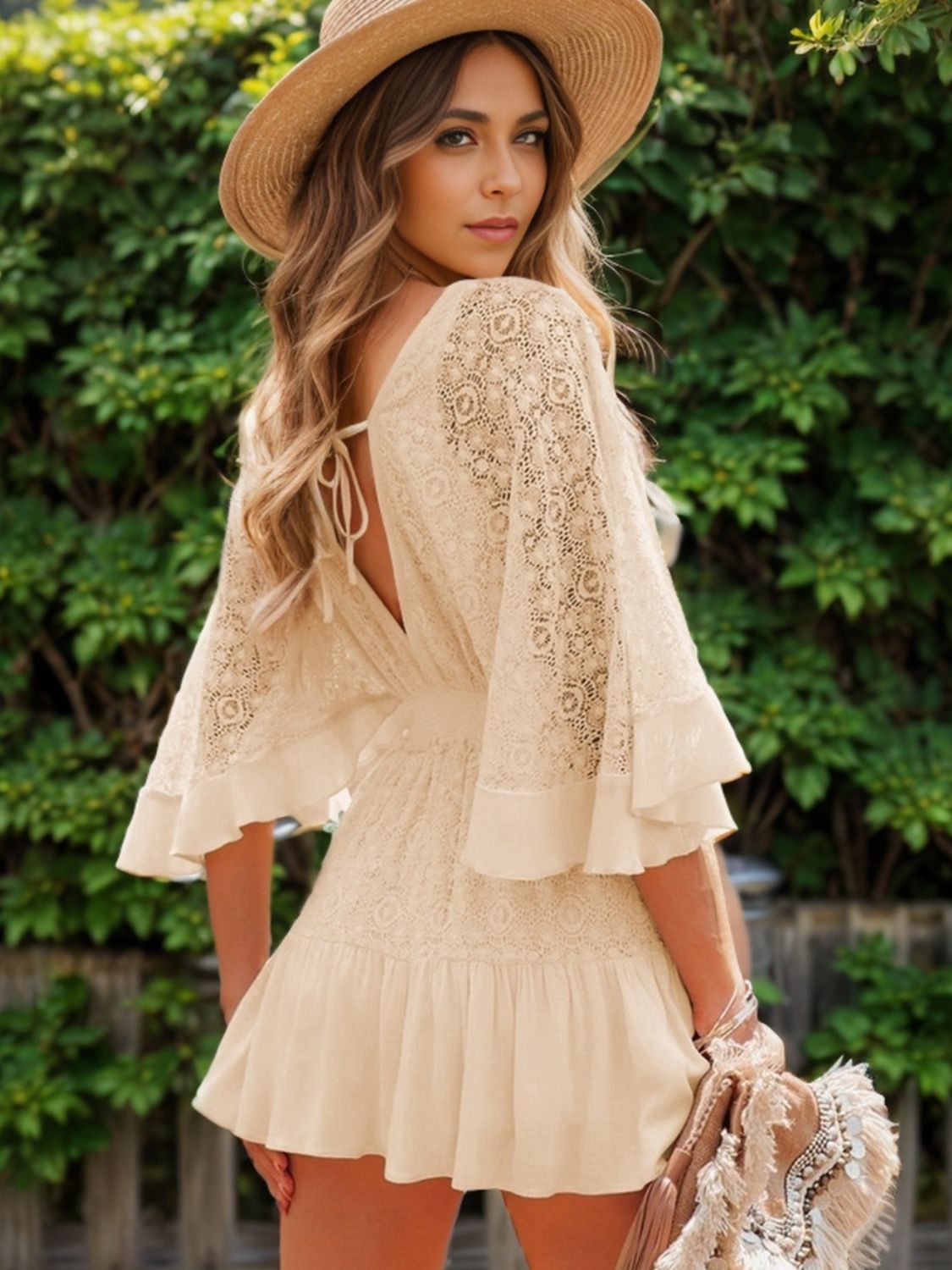 Autumn Wedding Guest Lace Cutout Mini Dress with Half Sleeves for Women
