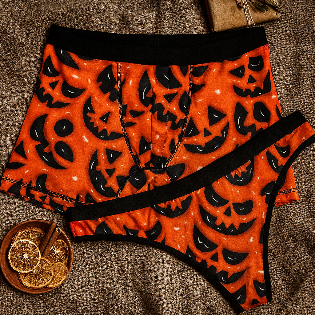 Matching underwear Inflate Halloween Pumpkin Face for couples boxer & thong set