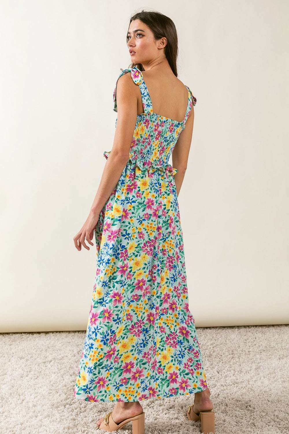Beach Wedding Guest Attire: Elegant Women's Smocked Cami Dress with Floral Ruffles