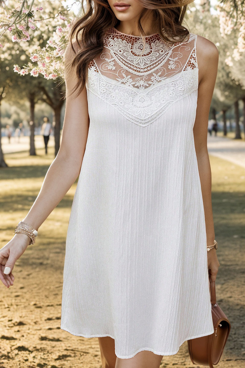 White Graduation Dress with Lace Detail and Round Neck Sleeveless Design