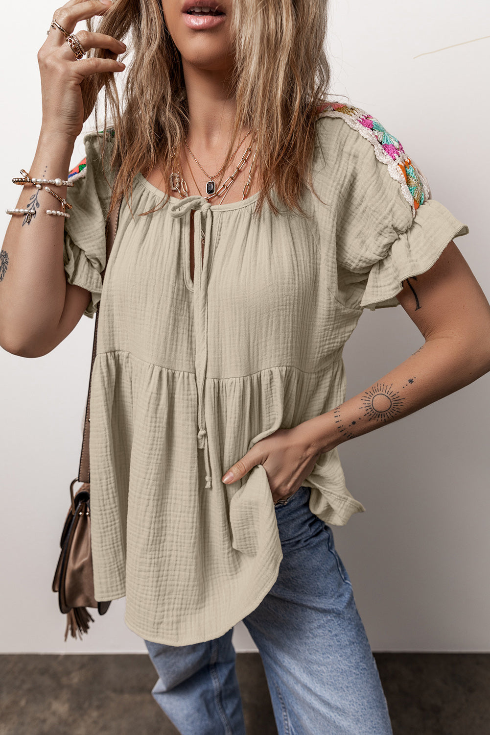 Stylish Embroidered Tie Neck Short Sleeve Blouse: Elevate Your Wardrobe with Chic Elegance!