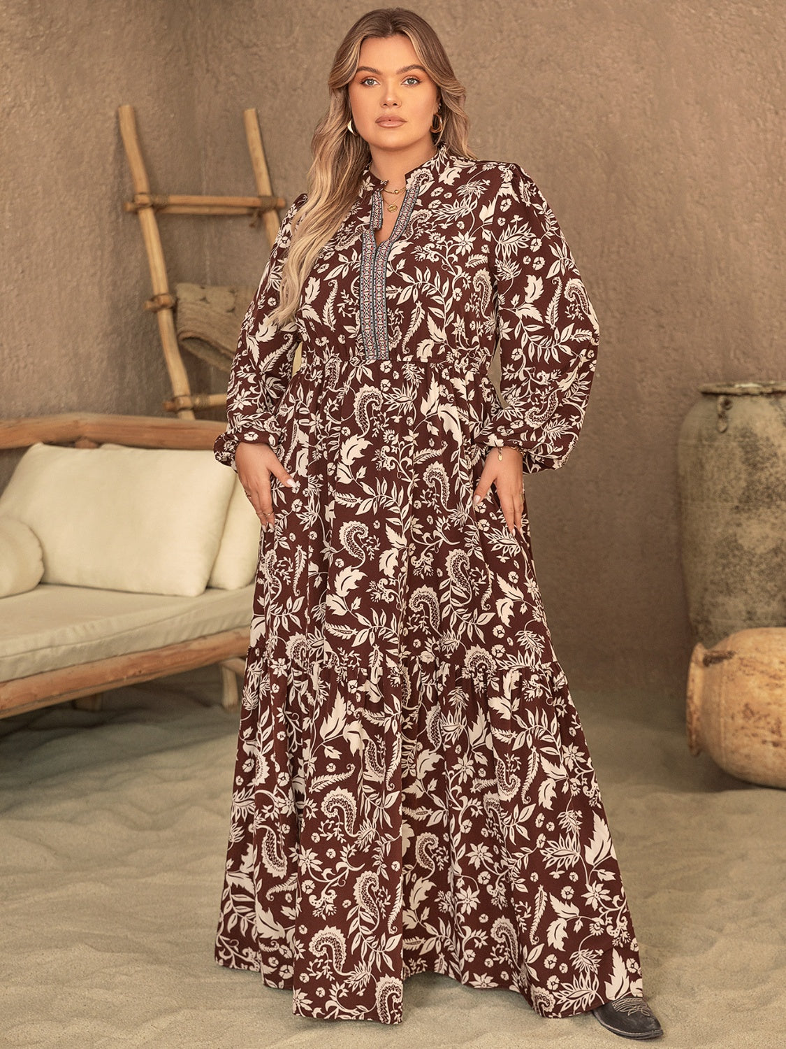 Elegant Plus Size Maxi Dress for Women Over 50 - Notched Balloon Sleeve, Printed Design, Perfect for Summer Beach Wedding Guest Parties
