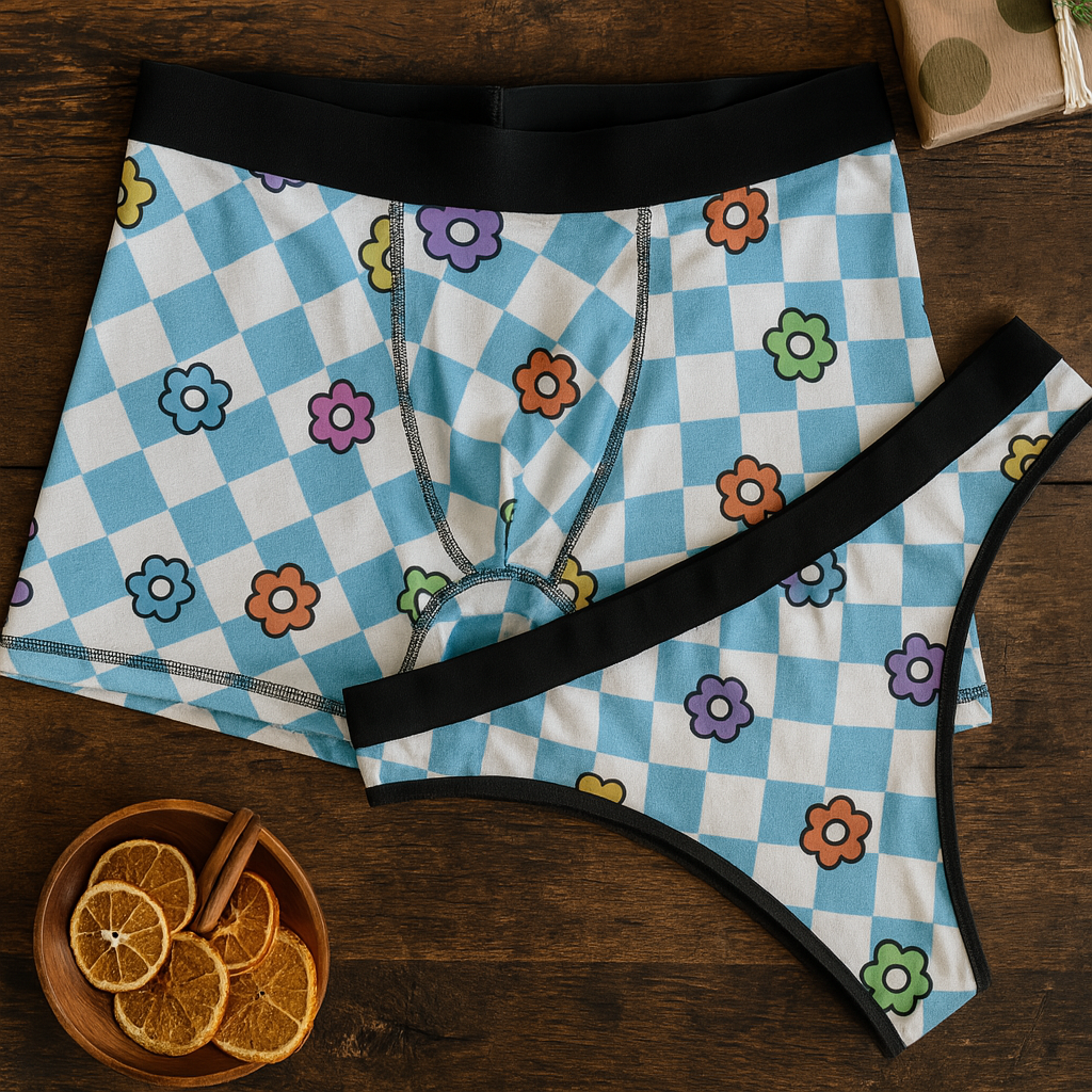 Matching underwear Spring Flower Checkered for couples boxer & thong set