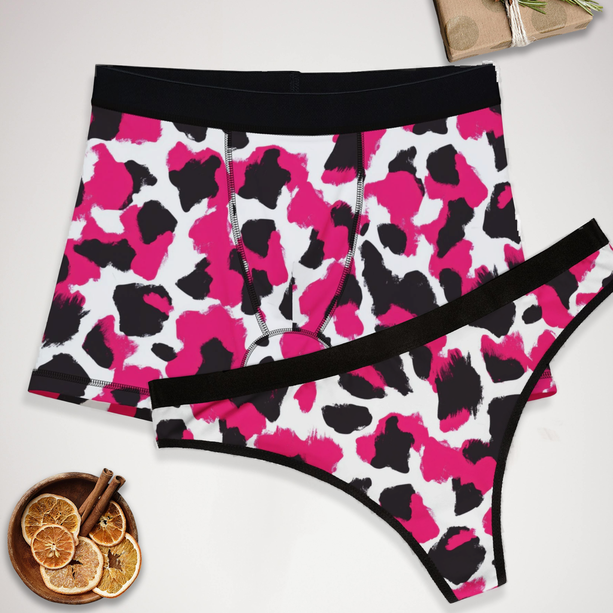 Matching underwear Colorful Cow Print for couples boxer & thong set