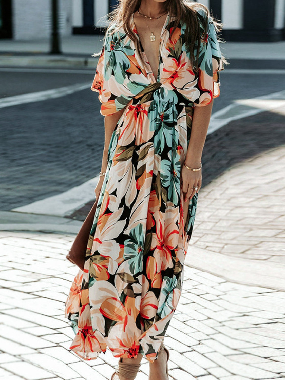 Beach Wedding Guest Attire: Floral Plunge Dress with Half Sleeves for Women