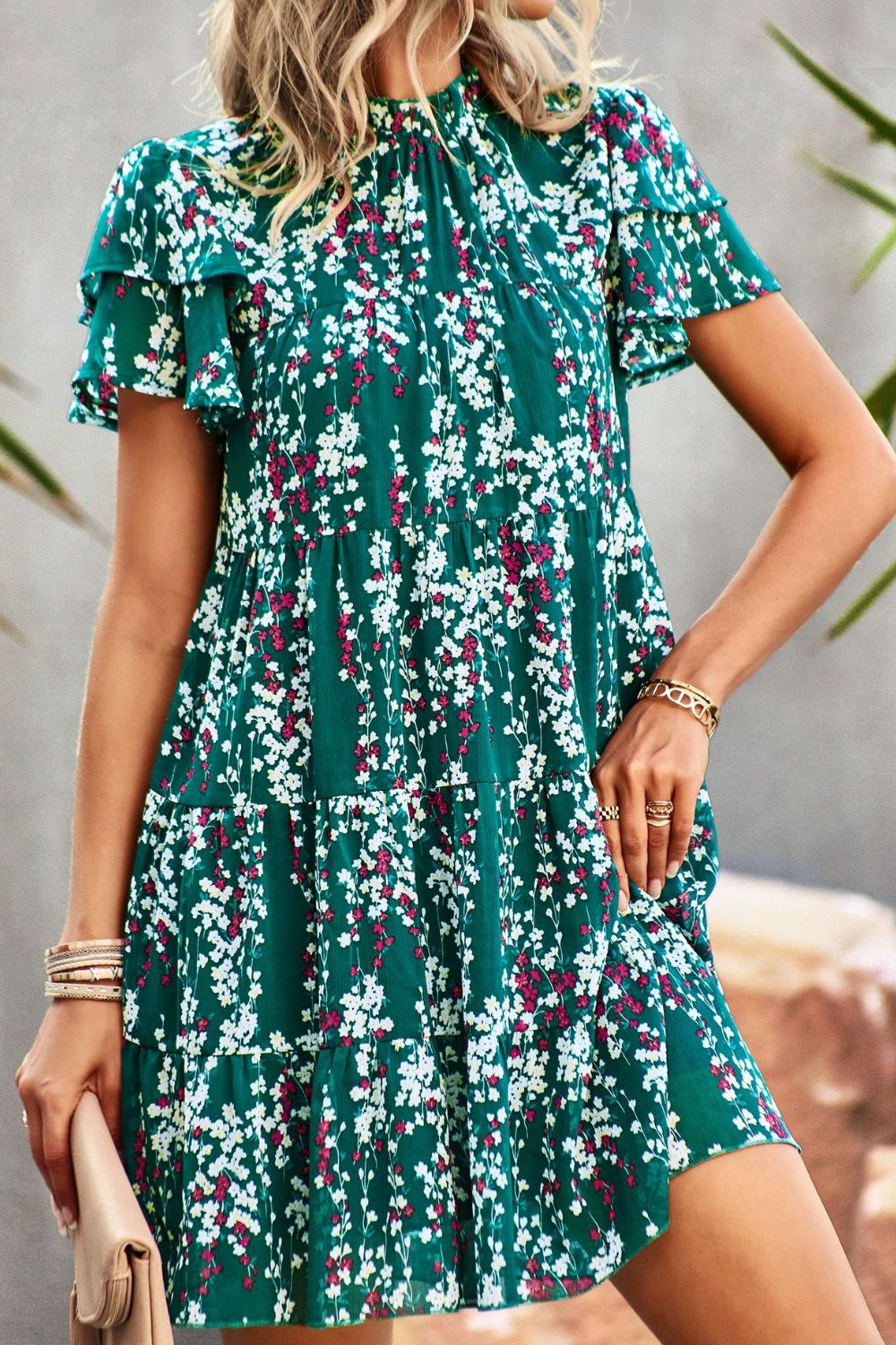 Summer Chic: Floral Layered Flutter Sleeve Dress - Perfect for Beach Weddings and Party Attire