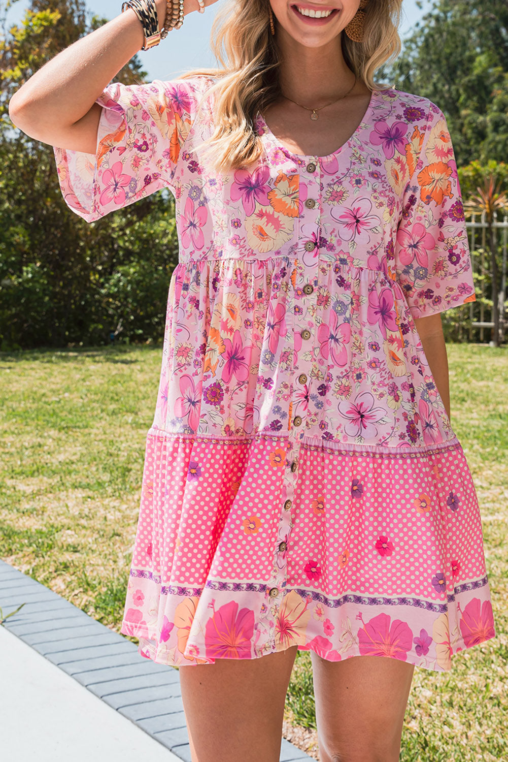 Summer Beach Wedding Guest Dress - Women's Floral Polka Dot Mini Dress with Buttons
