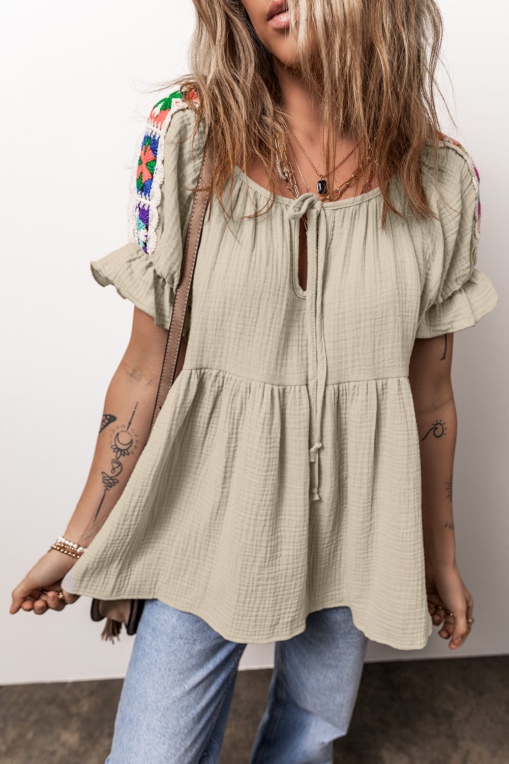 Stylish Embroidered Tie Neck Short Sleeve Blouse: Elevate Your Wardrobe with Chic Elegance!