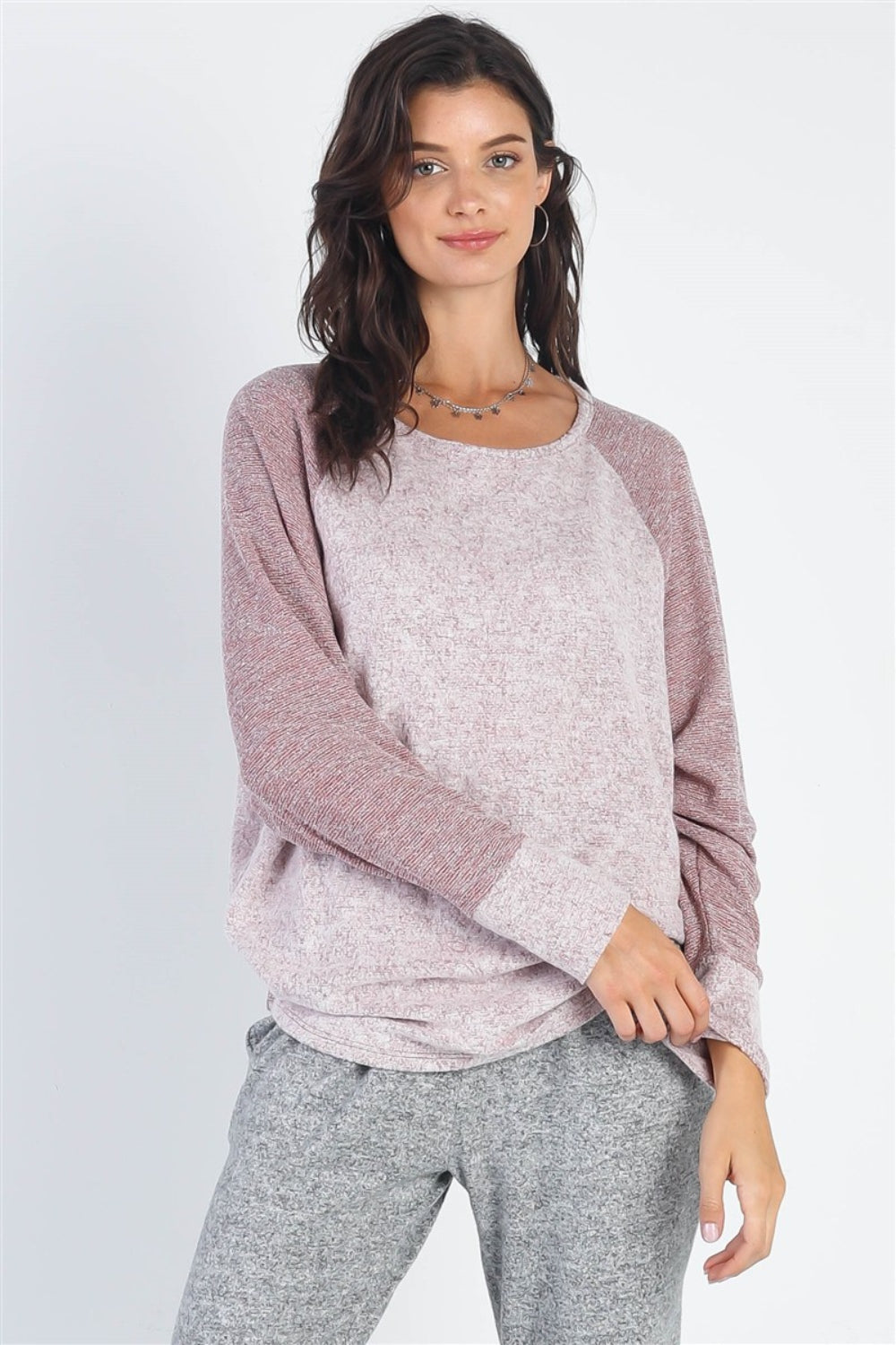 Cherish Apparel Women's Round Neck Long Sleeve Contrast Top - Elegant Casual Wear for All Occasions, Available in Multiple Colors
