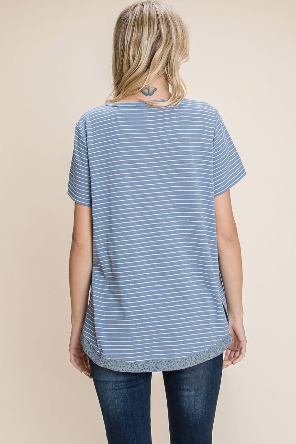 Striped Notched Short Sleeve T-Shirt - Trendy Cotton Bleu Design by Nu Lab, Perfect for Casual Wear with Slit Detailing