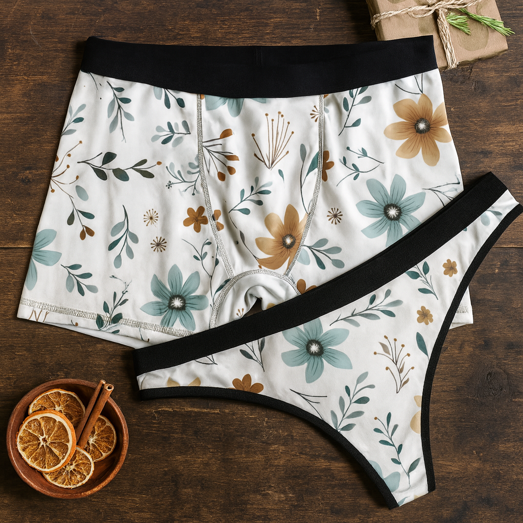 Matching underwear Minimal Boho Flowers for couples boxer & thong set