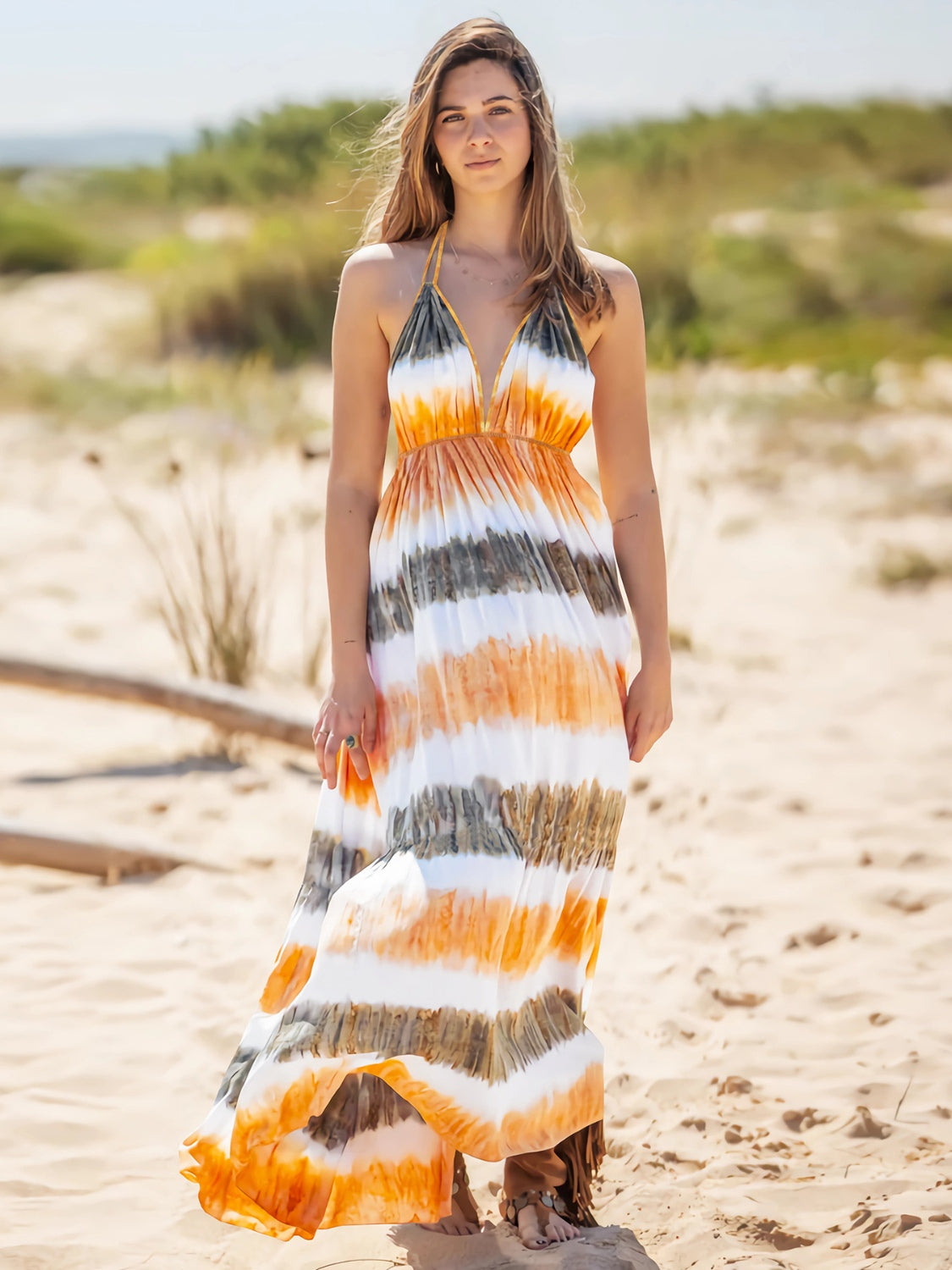 Beach Wedding Guest Attire for Women: Tie-Dye Sleeveless Halter Neck Dress
