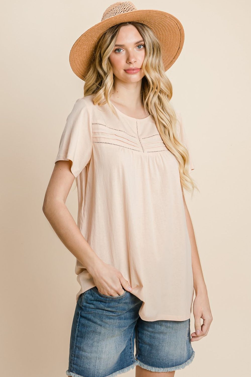 Cotton Bleu Eyelet T-Shirt by Nu Label – Round Neck, Short Sleeve, Feminine Casual Top for Summer & Spring.