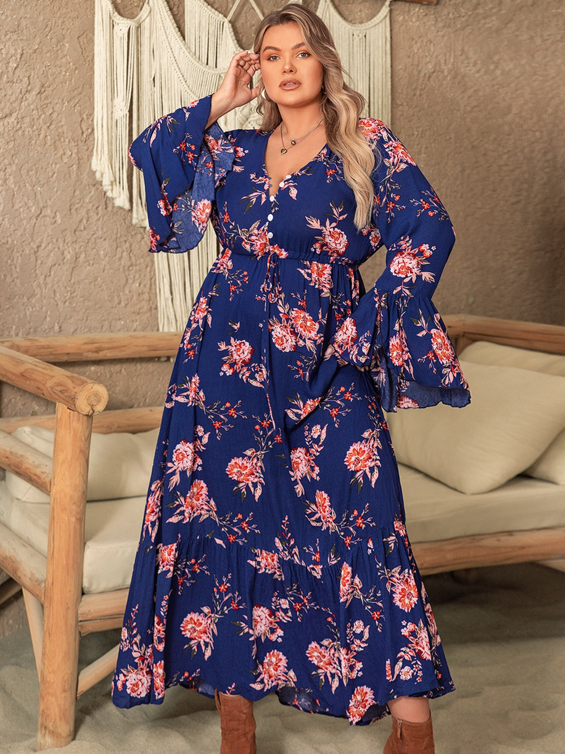 Plus Size Printed Half Button Flare Sleeve Dress for Women Over 50 - Perfect Summer Beach Wedding Guest Party Attire