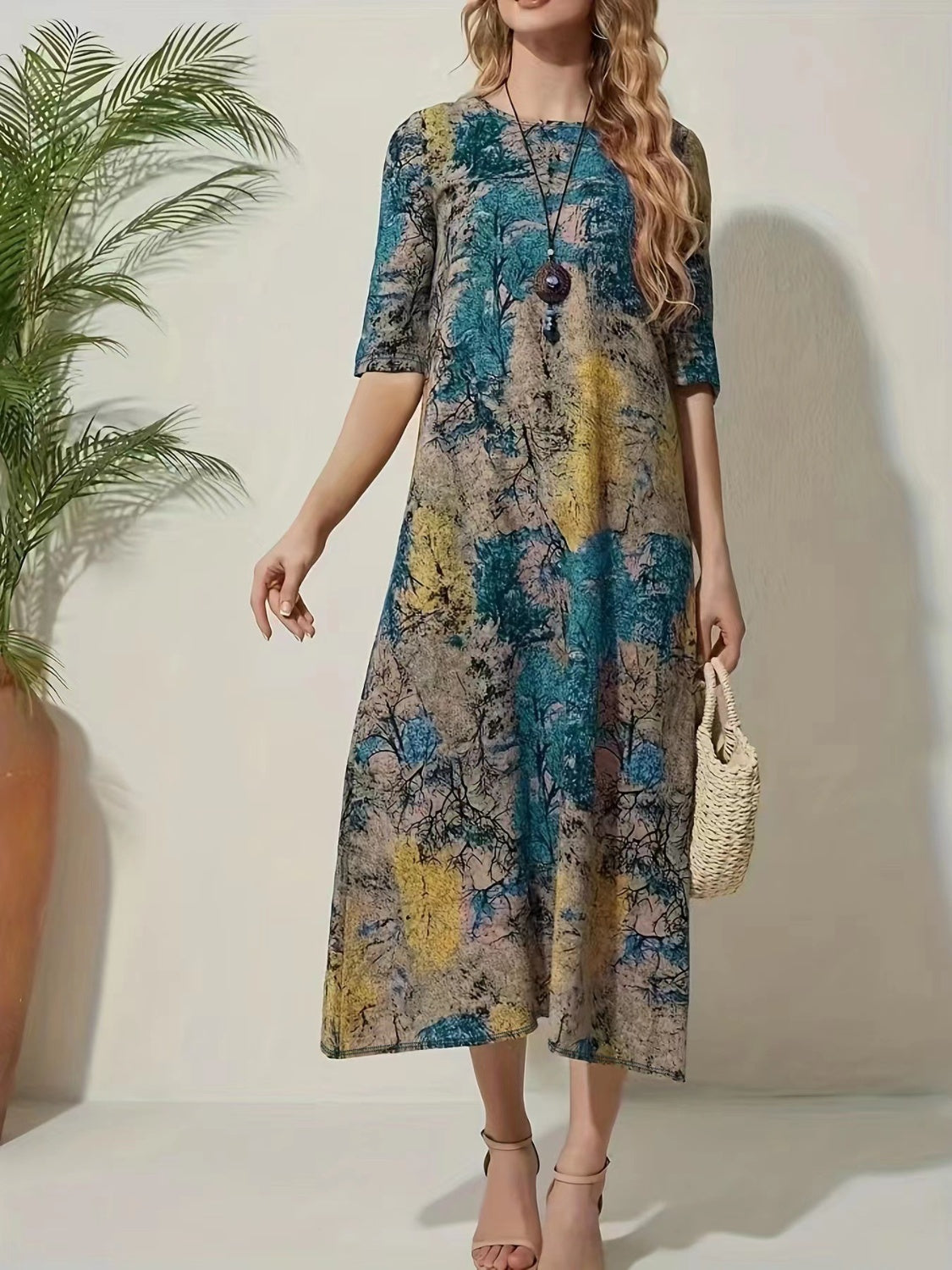 Elegant Summer Beach Wedding Guest Midi Dress for Women Over 50, Full Size Printed Half Sleeve, Perfect for Parties