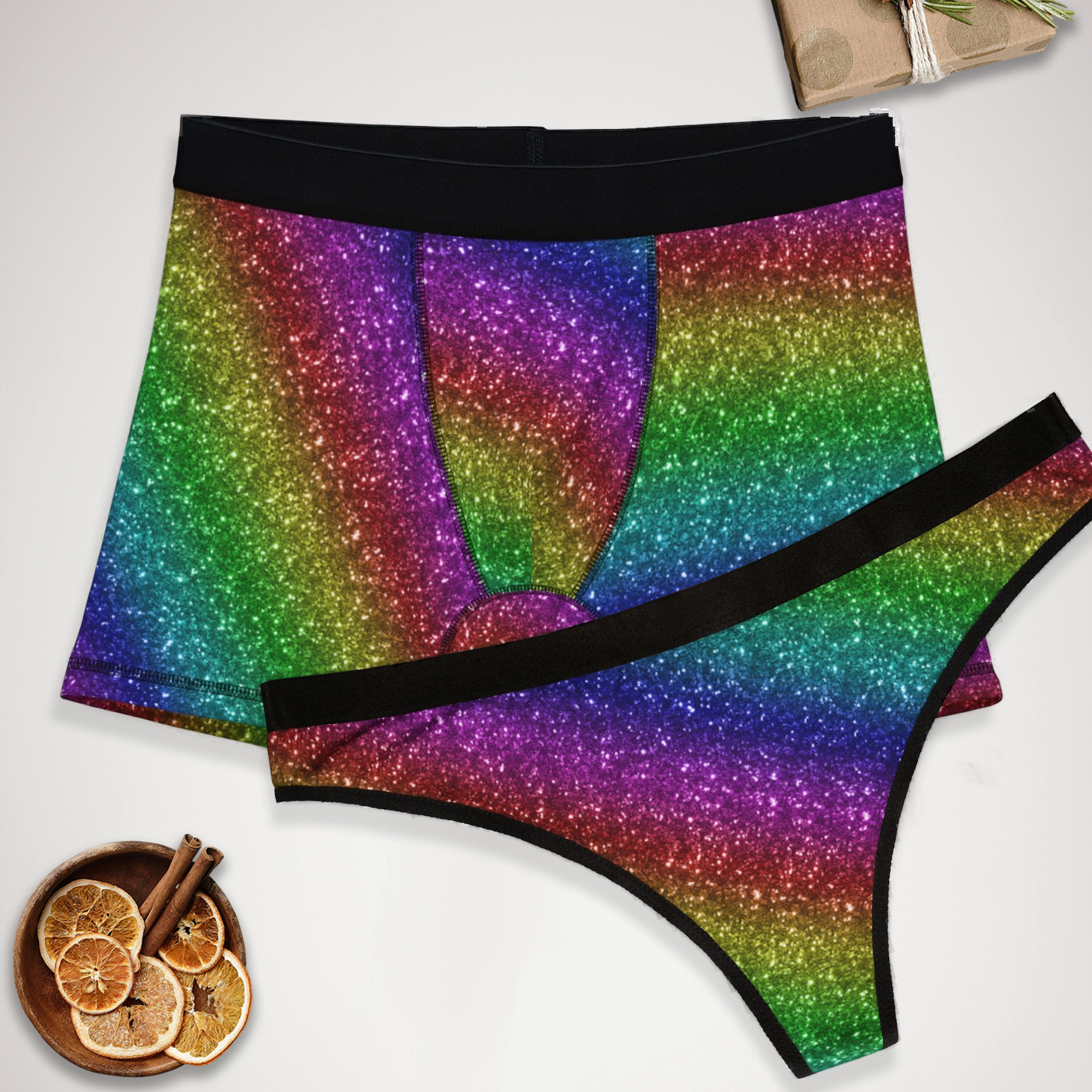 Matching underwear Rainbow Glitter for couples boxer & thong set