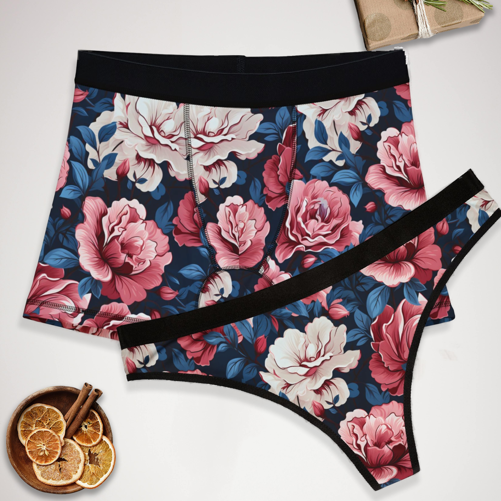 Matching underwear Cherry Rose for couples boxer & thong set