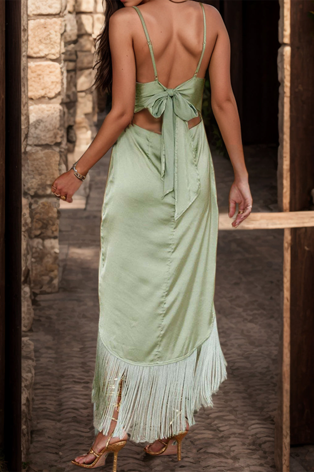Beach Wedding Guest Attire: Elegant Square Neck Cami Dress with Fringe High-Low Hem