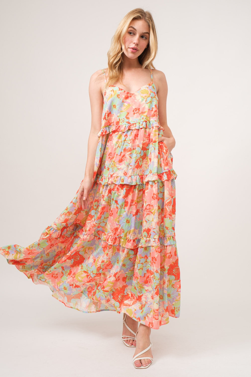 Beach Wedding Guest Tiered Maxi Dress with Floral Ruffles