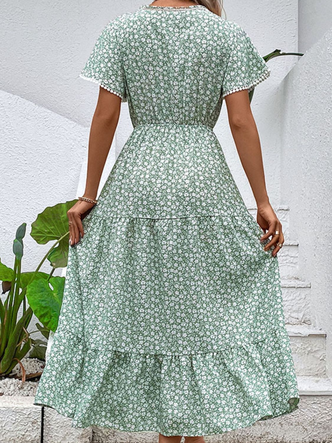 Chic Ditsy Floral V-Neck Tiered Dress: Perfect Summer Beach Wedding Attire for Women