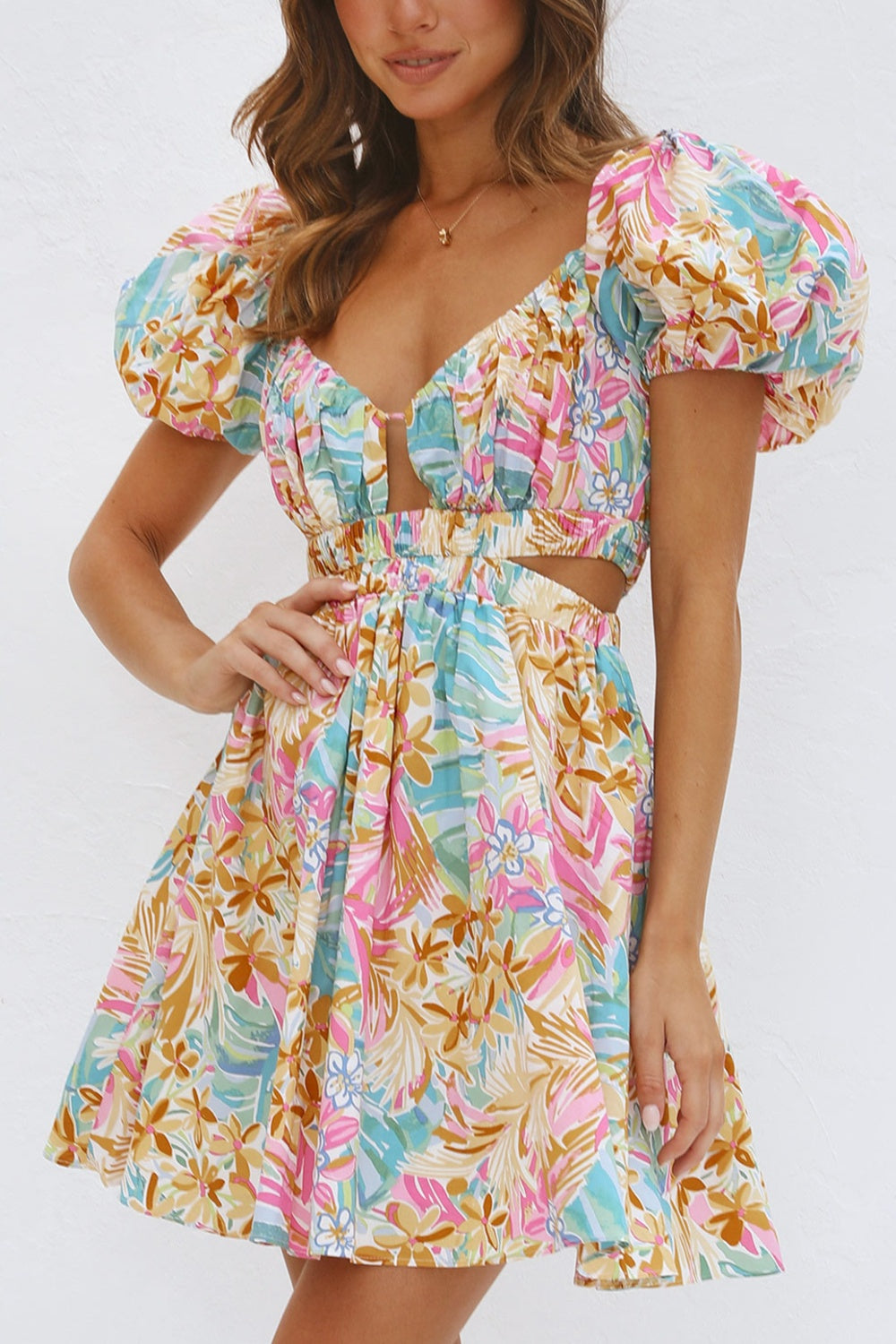 Floral Short Sleeve Backless Mini Dress for Beach Wedding Guests