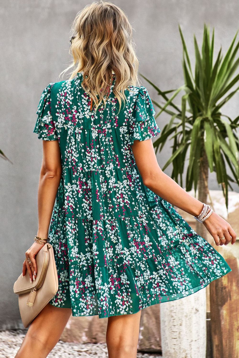 Summer Chic: Floral Layered Flutter Sleeve Dress - Perfect for Beach Weddings and Party Attire