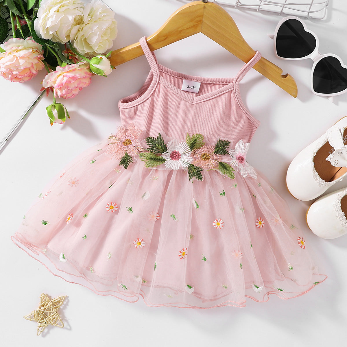 Cute Baby Girl Preemie V-Neck Dress with Embroidered Spaghetti Straps