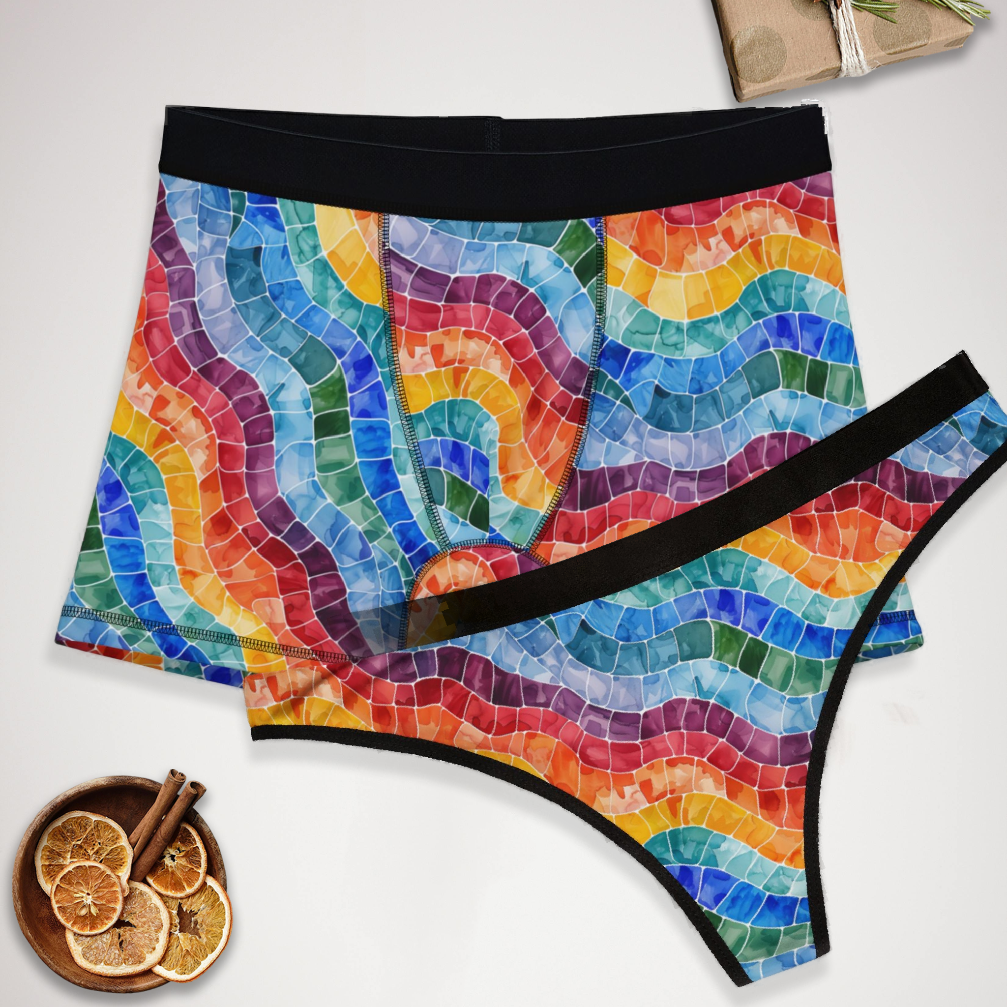Matching underwear Colorful Mosaic for couples boxer & thong