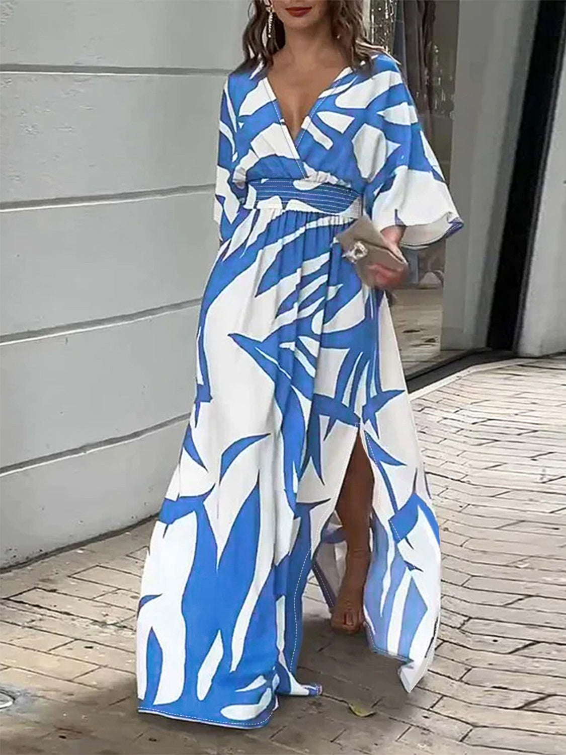 Beach Wedding Elegance: Surplice Maxi Dress with Slit and Print Design