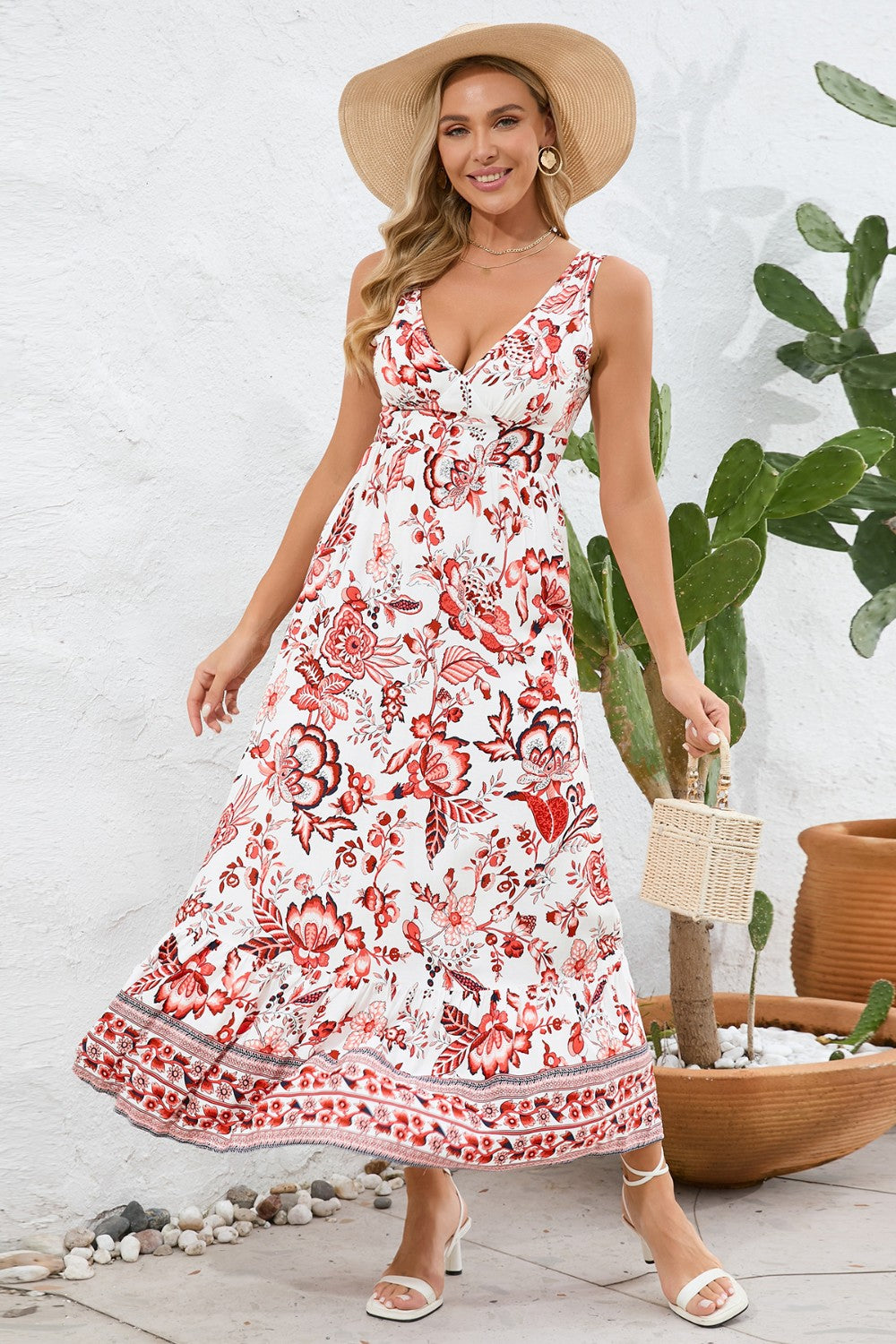 Beach Fall Wedding Guest Dress for Women with Printed V-Neck and Wide Straps