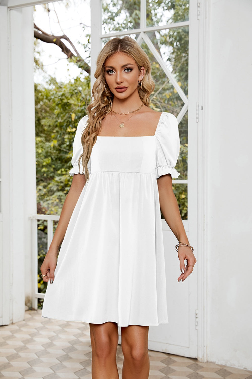 White Square Neck Ruched Mini Dress with Flounce Sleeves for Prom and Graduation