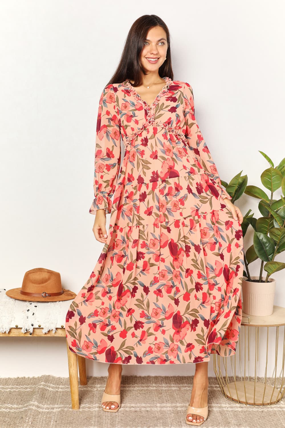 Elegant Beach Wedding Guest Maxi Dress with Floral Frill and Flounce Sleeves for Women