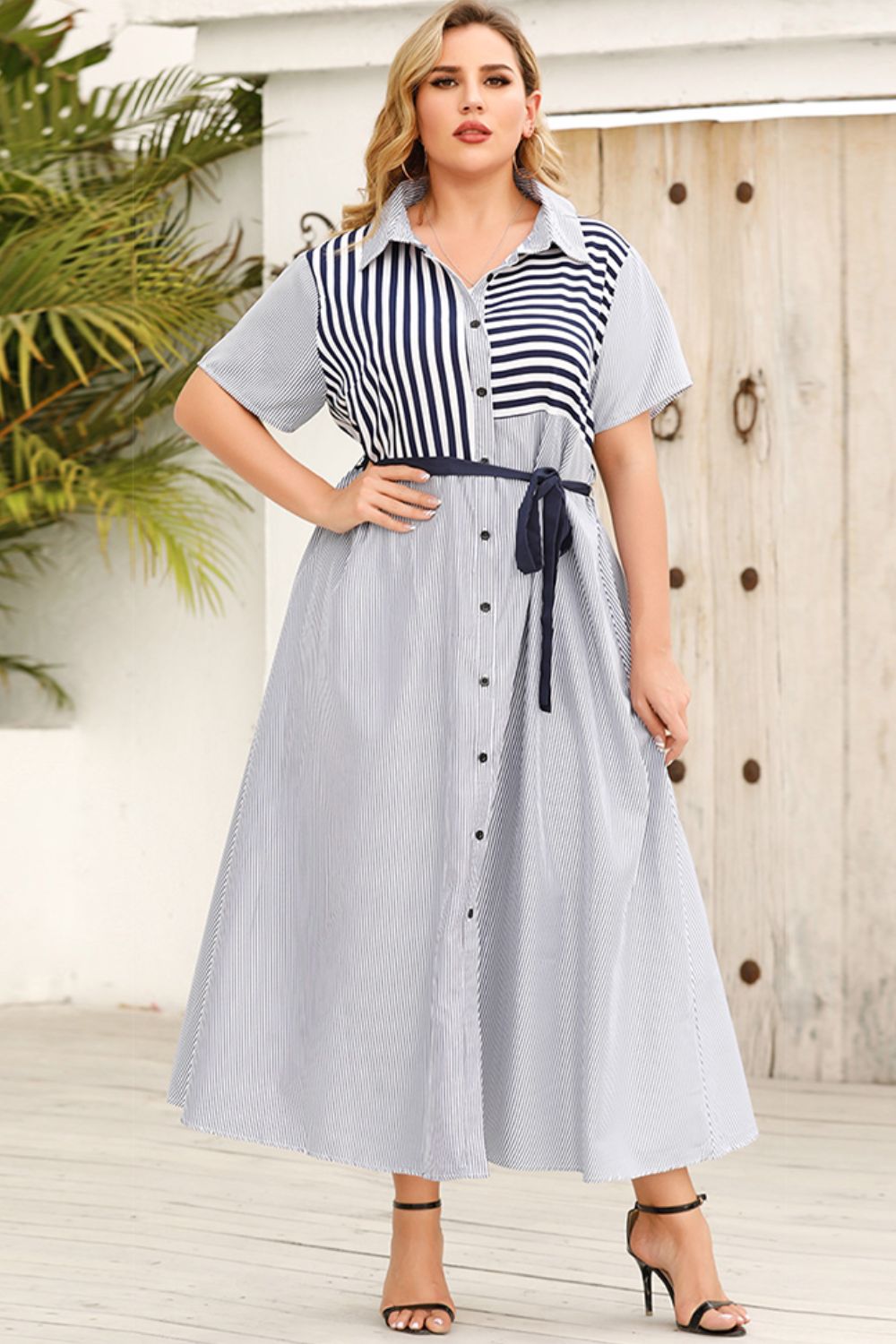 Elegant Plus Size Striped Belted Button-Up Shirt Dress - Perfect Beach Wedding Guest Outfit, Stylish and Comfortable for Any Summer Event