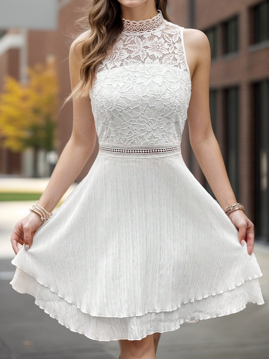 White Graduation Lace Mini Dress with Mock Neck and Sleeveless Detail