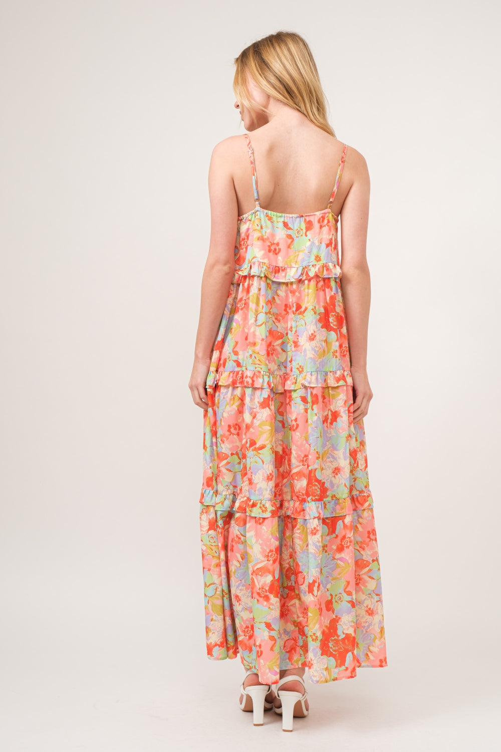 Beach Wedding Guest Tiered Maxi Dress with Floral Ruffles