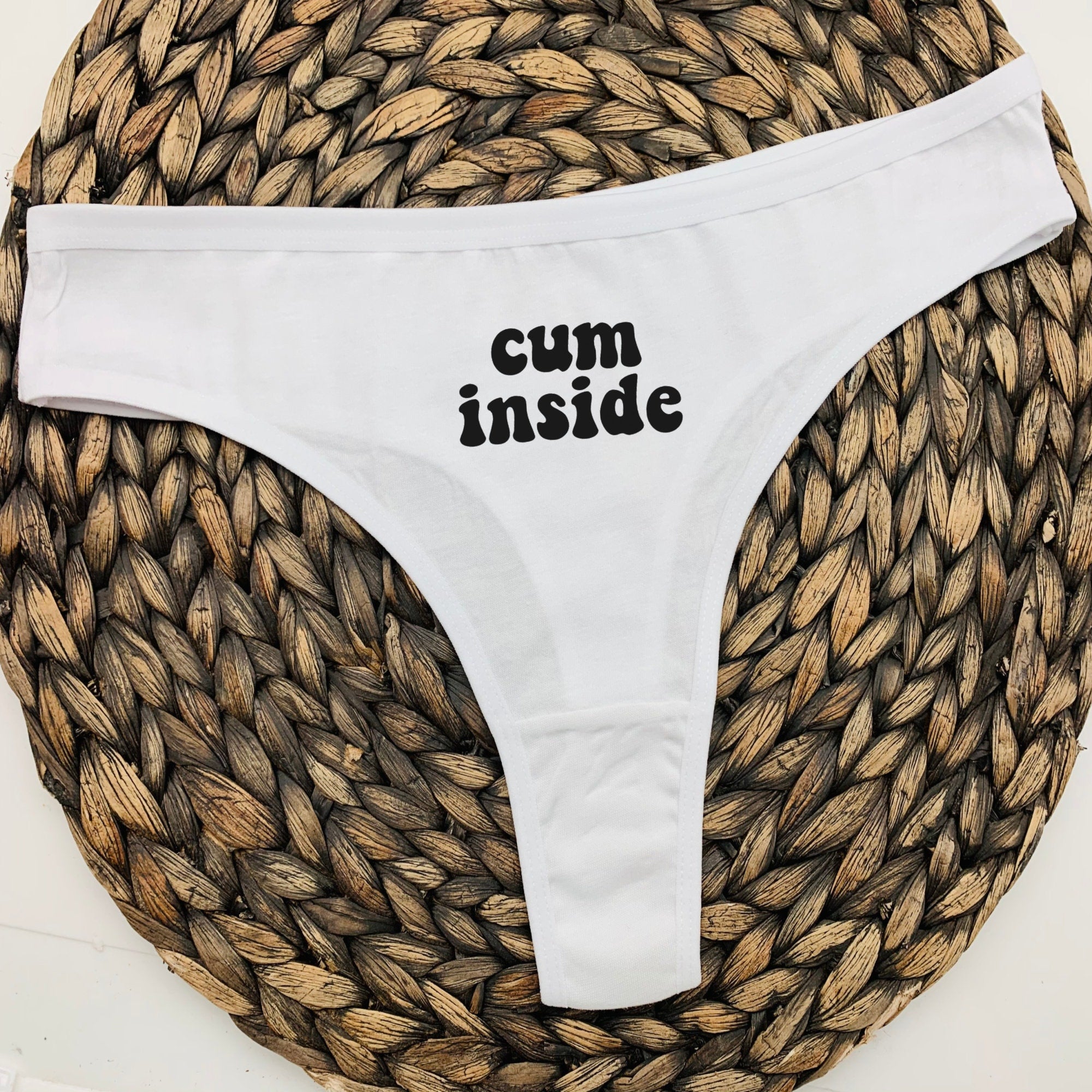 Funny Thong Panty with 'Cum Inside' Humorous Print - Comfortable & Playful Underwear